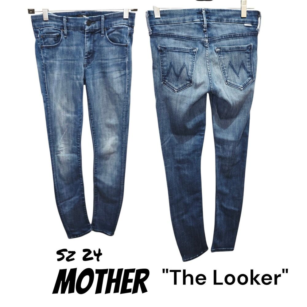 Mother The Looker Sz 24 in Dreamy Wash Distressed Skinny Blue Logo Boho Jeans